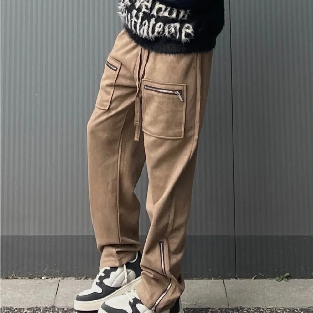 Loose oversized micro cargo pants with side zippers suede - Picture 1 of 4